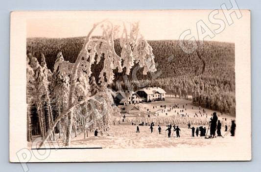Stará fotografie lyžaři na horách zasněžená krajina (M25627)