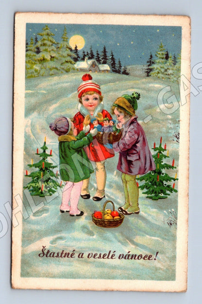 Pohlednice Vánoce děti sníh kolem 1940 (M25639)