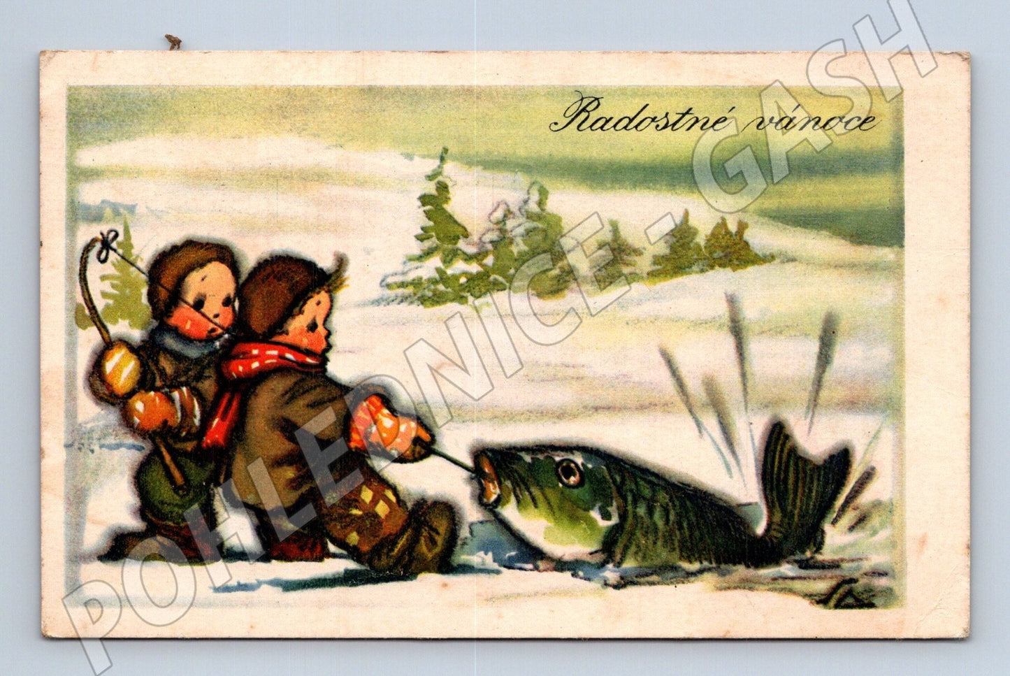 Pohlednice Radostné Vánoce, děti rybaří 1930 (M25656)