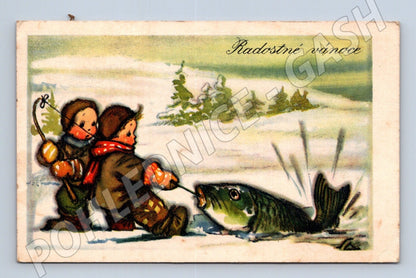 Pohlednice Radostné Vánoce, děti rybaří 1930 (M25656)