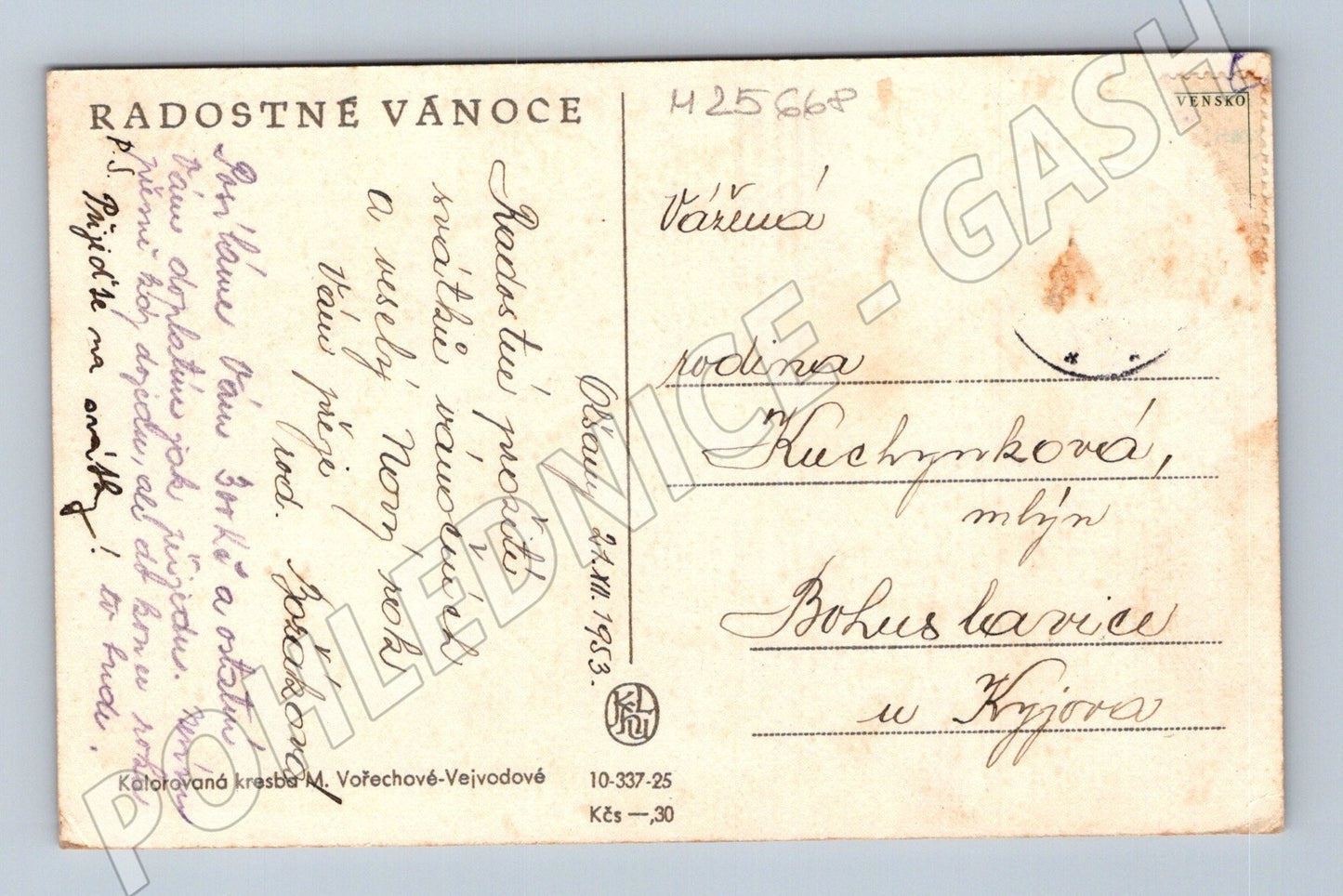 Pohlednice Vánoční chlapec se psem 1953 (M25668)