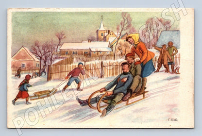 Pohlednice Vánoční motiv děti sáňkování 1941 (M25670)