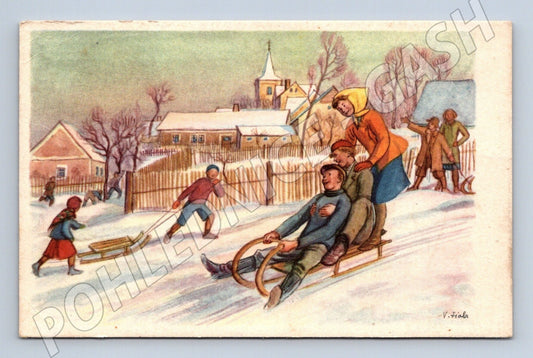 Pohlednice Vánoční motiv děti sáňkování 1941 (M25670)