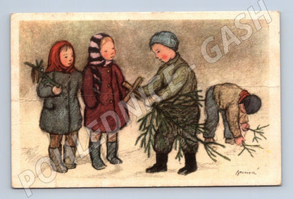 Pohlednice Vánoční děti sbírají jehličí okolo 1940 (M25671)
