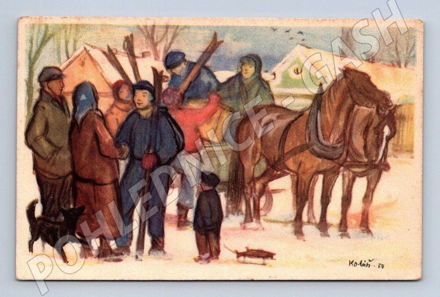 Pohlednice zimní scéna s koňským povozem 1932 (M25676)