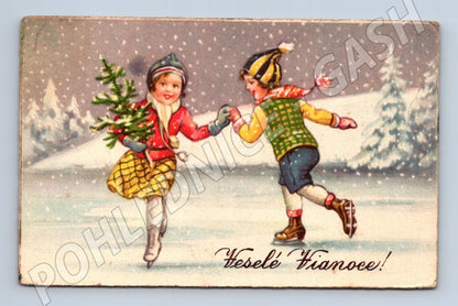 Pohlednice Veselé Vánoce děti bruslení 1920 (M25677)
