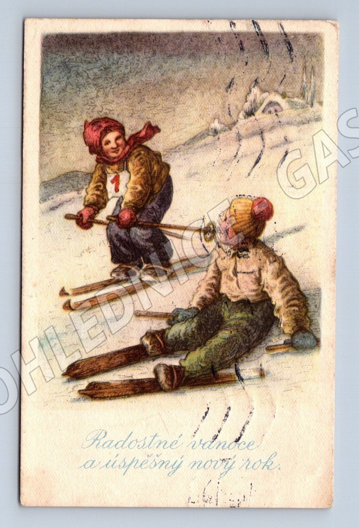 Pohlednice děti lyžují Nový rok 1918 (M25680)
