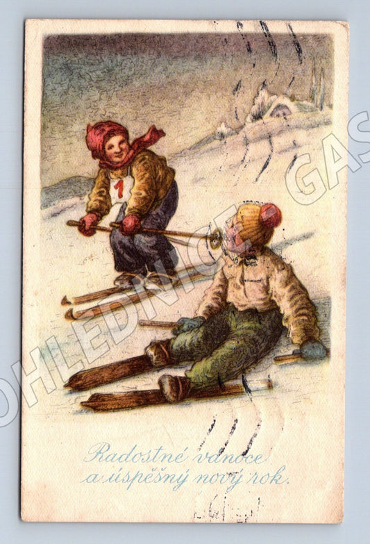 Pohlednice děti lyžují Nový rok 1918 (M25680)