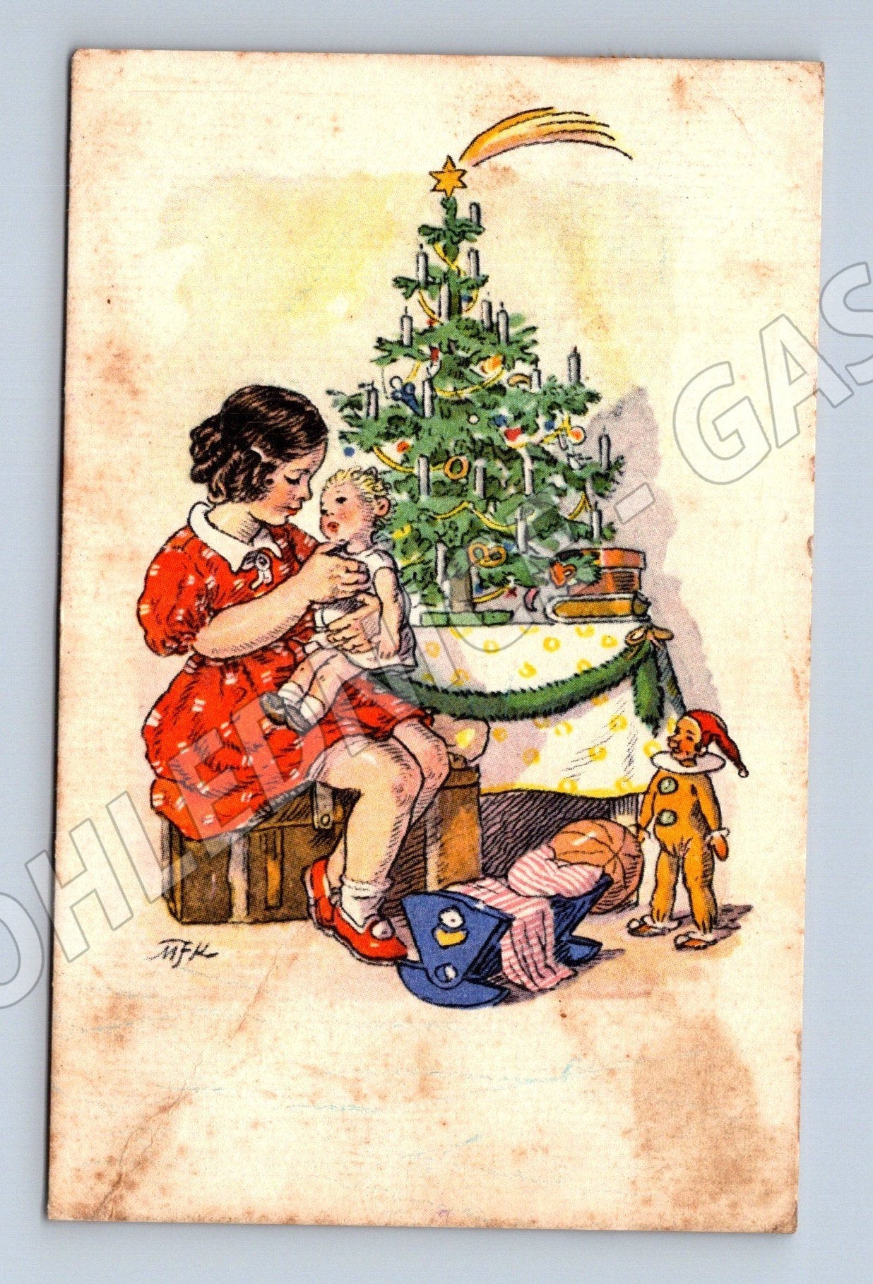 Pohlednice vánoční motiv dítě u stromečku 1943 (M25686)