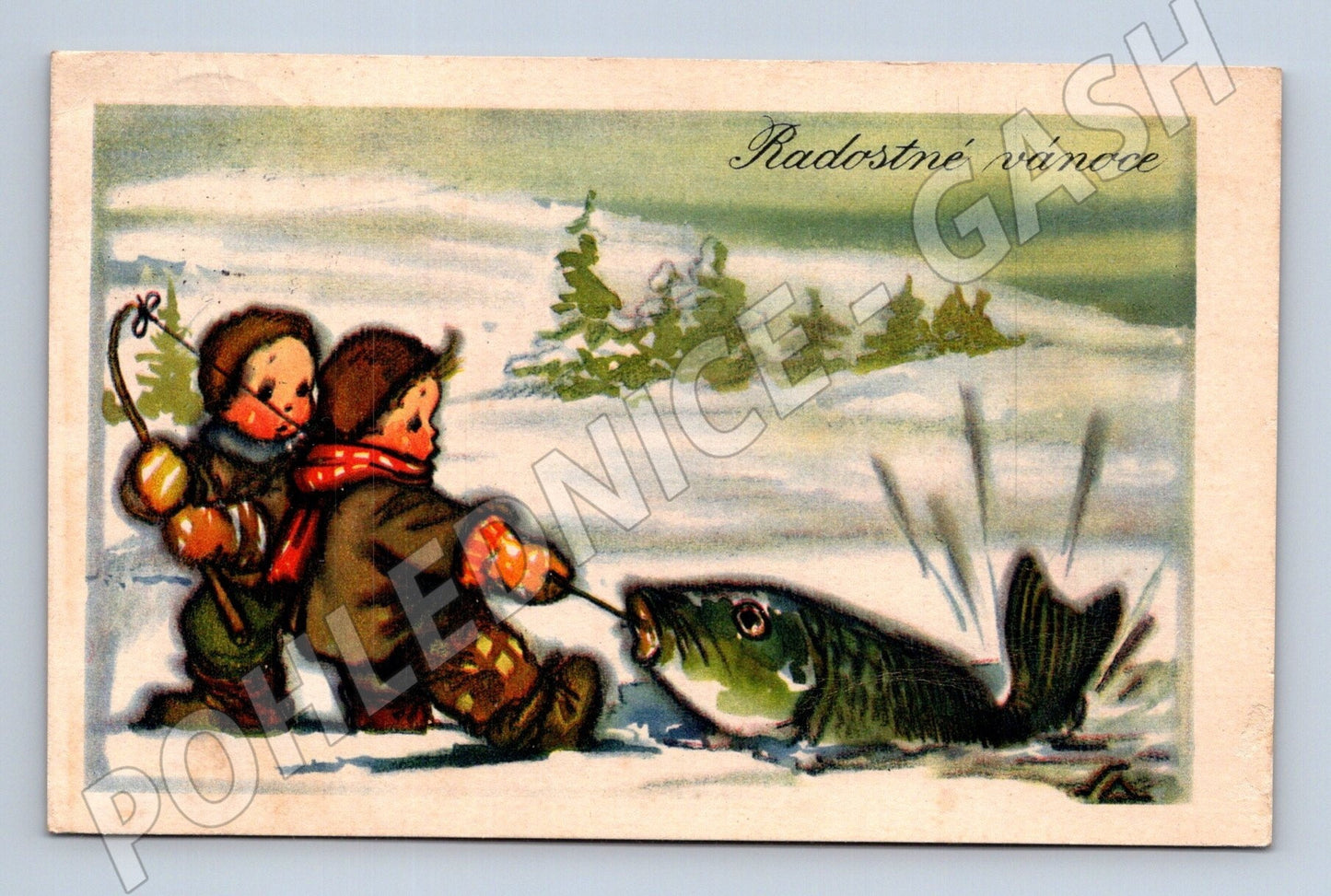 Pohlednice Vánoce děti rybaření 1947 (M25693)