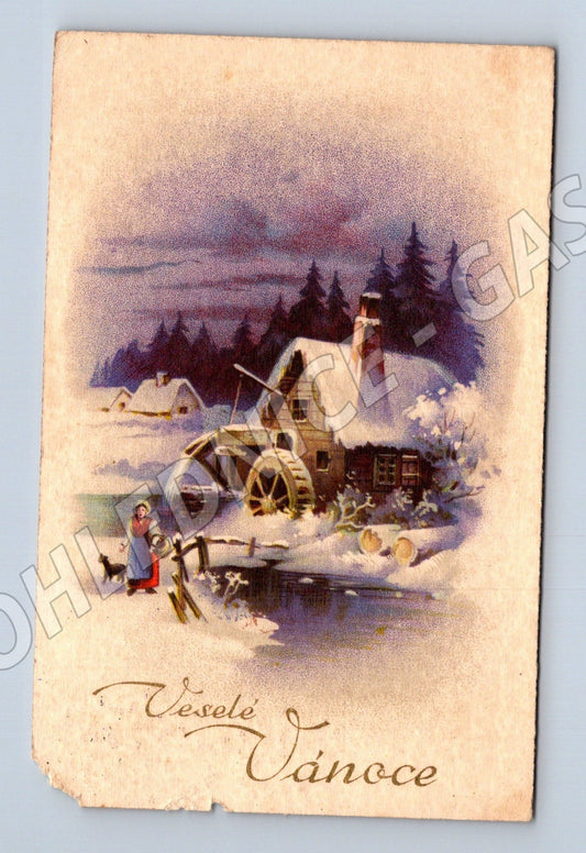 Pohlednice Vánoce zimní scéna Frymburk 1943 (M25694)