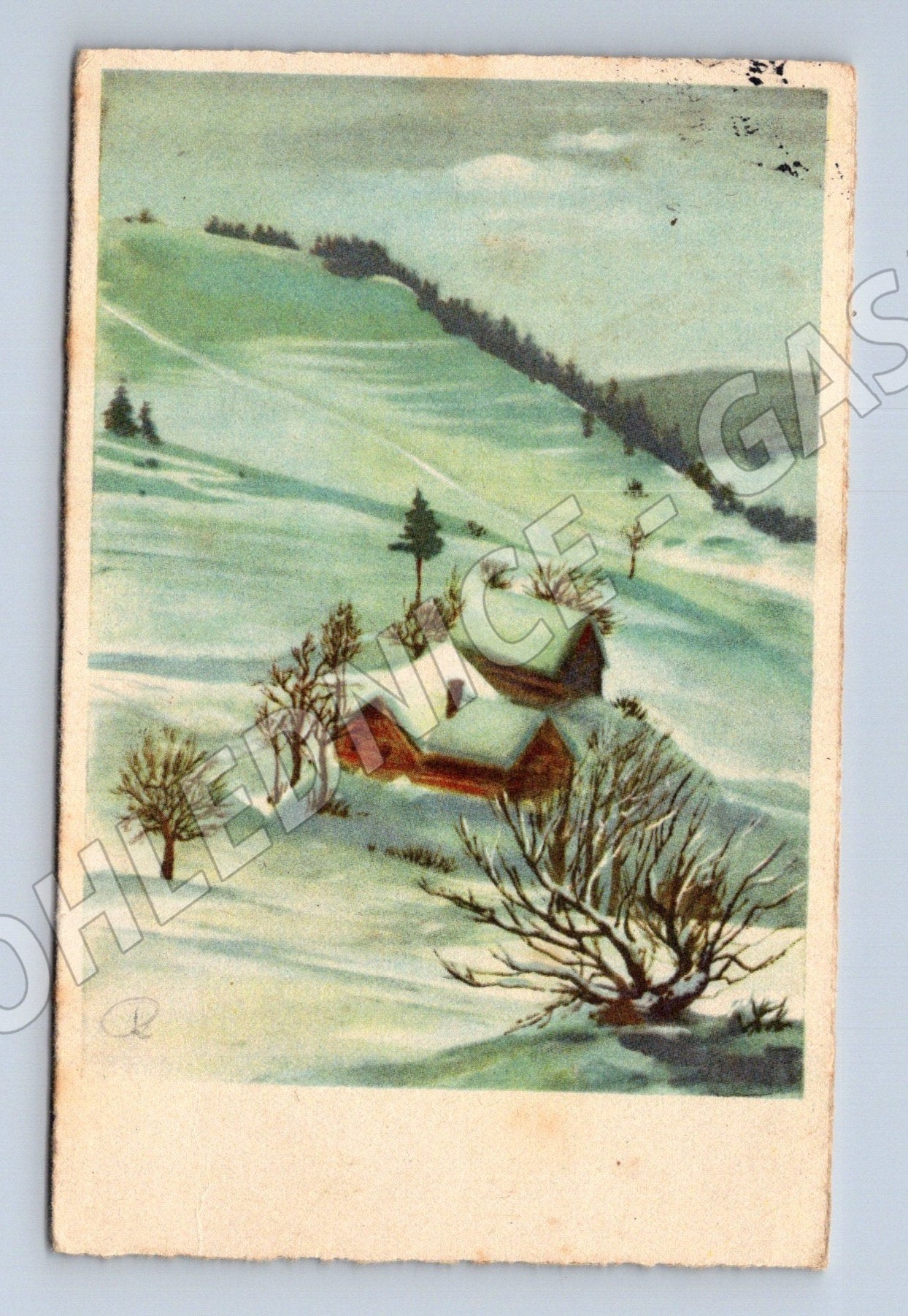 Pohlednice Kostelec zimní krajina Vánoce 1943 (M25695)