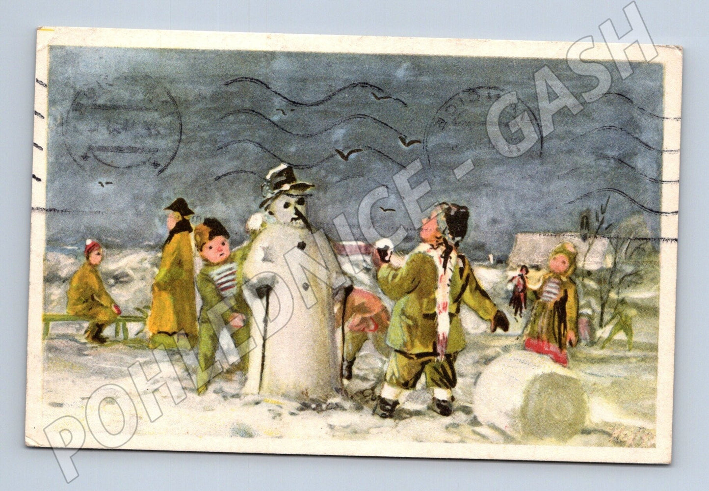 Pohlednice vánoční motiv děti sněhulák 1953 (M25697)