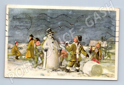 Pohlednice vánoční motiv děti sněhulák 1953 (M25697)