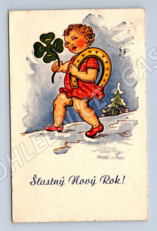 Pohlednice Novoroční putto podkova čtyřlístek 1938 (M25700)