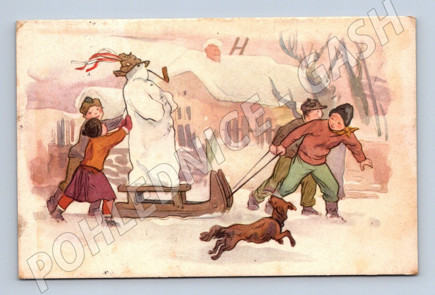 Pohlednice Děti a sněhulák sáně pes zimní motiv 1952 (M25703)