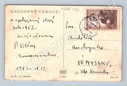 Pohlednice Děti a sněhulák sáně pes zimní motiv 1952 (M25703)