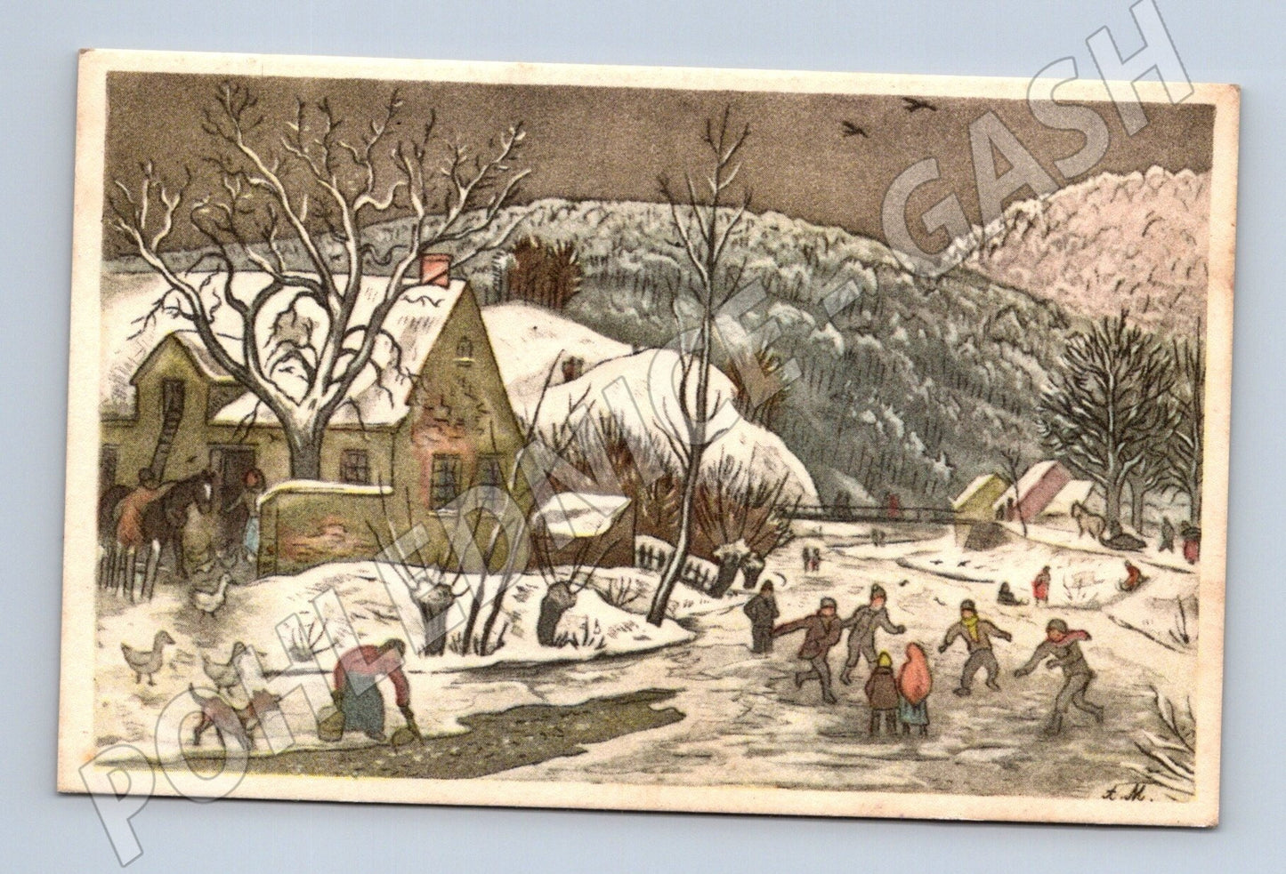 Pohlednice zimní krajina bruslení Vánoce 1952 (M25710)
