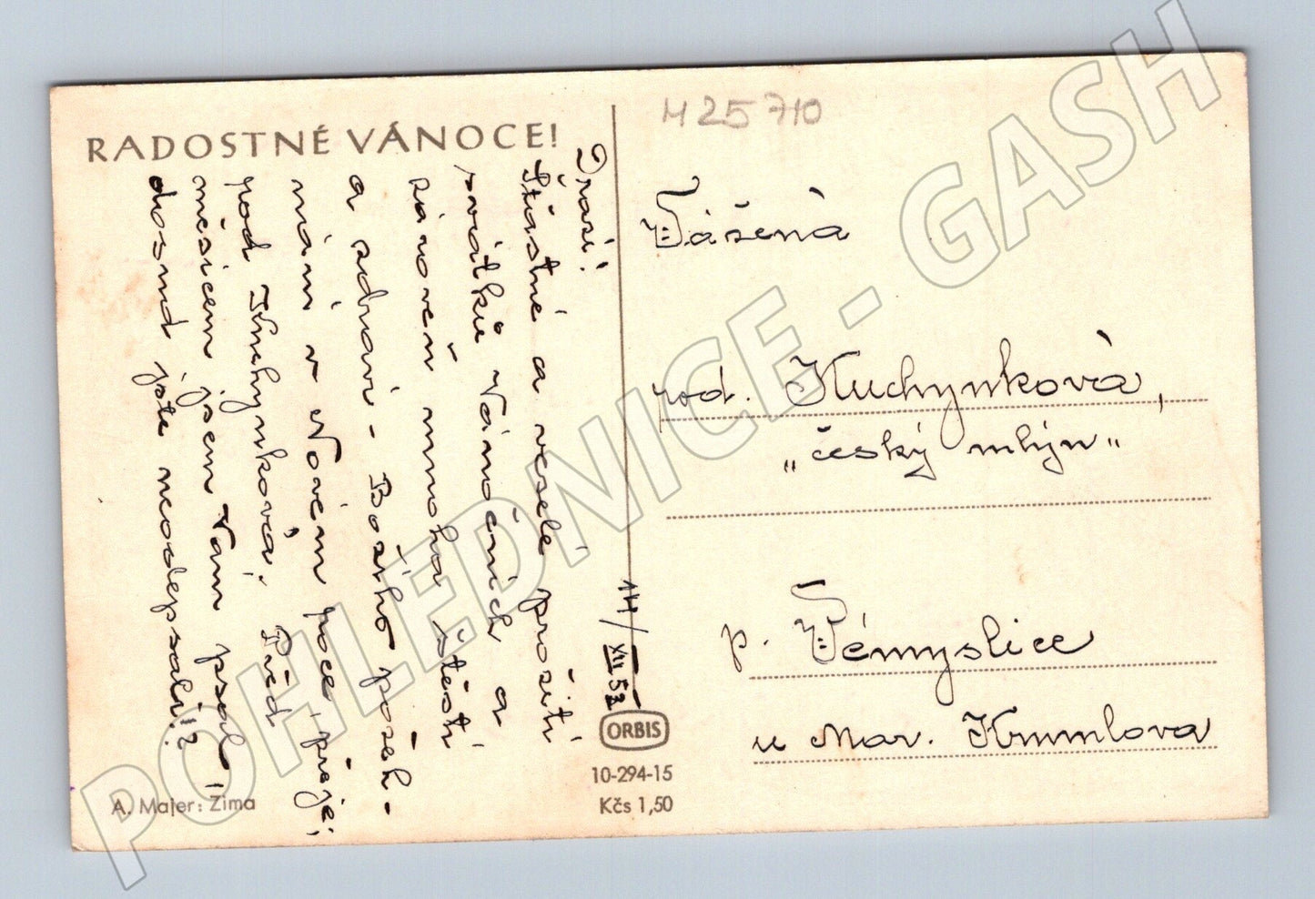 Pohlednice zimní krajina bruslení Vánoce 1952 (M25710)