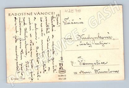 Pohlednice zimní krajina bruslení Vánoce 1952 (M25710)