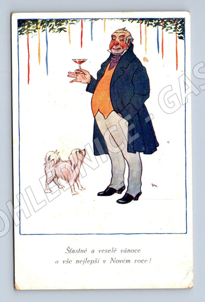 Pohlednice vánoční/novoroční motiv muž se psem 1915 (M25711)