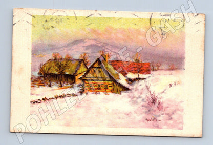 Pohlednice zimní krajina chalupy 1945 (M25712)