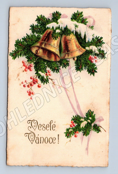 Pohlednice Vánoční motiv zvony jehličí 1934 (M25713)