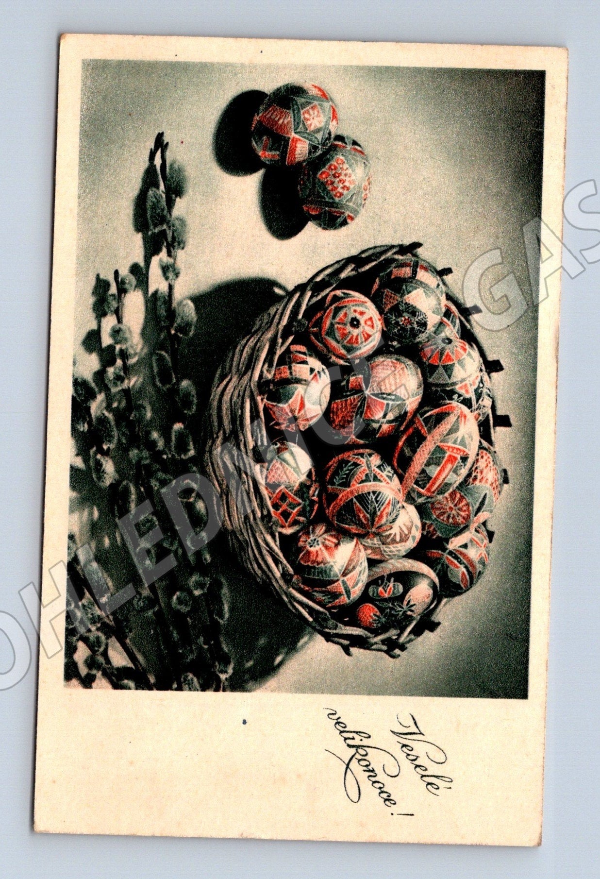 Pohlednice Velikonoce vajíčka košík 1949 (M25766)