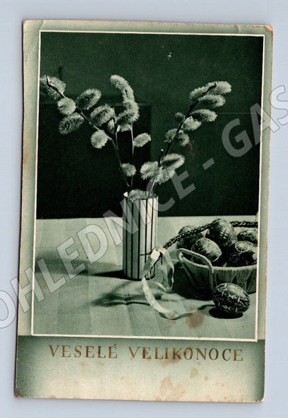 Pohlednice velikonoční motiv kočičky vejce 1946 (M25770)
