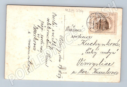 Pohlednice Veselé velikonoce kvetoucí strom chalupa 1957 (M25774)