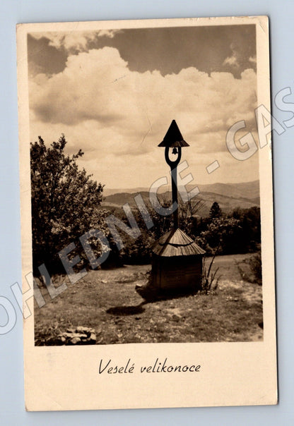 Pohlednice Velikonoce krajina kříž po roce 1950 (M25780)