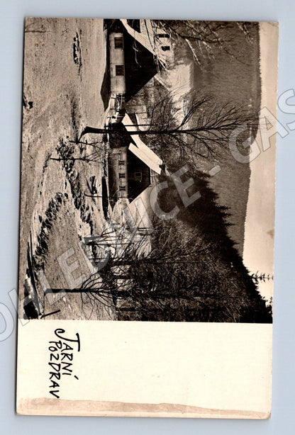 Pohlednice jarní krajina domy potok 1964 (M25784)