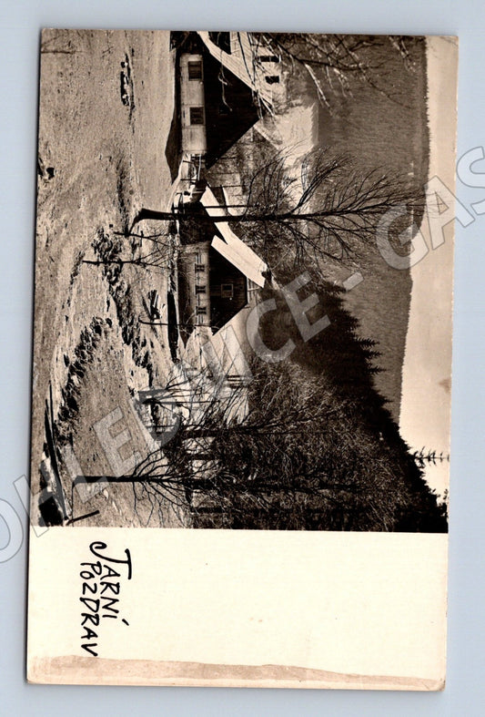 Pohlednice jarní krajina domy potok 1964 (M25784)