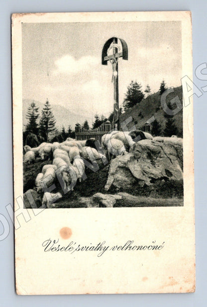 Pohlednice Velikonoční kříž ovce 1950 (M25811)