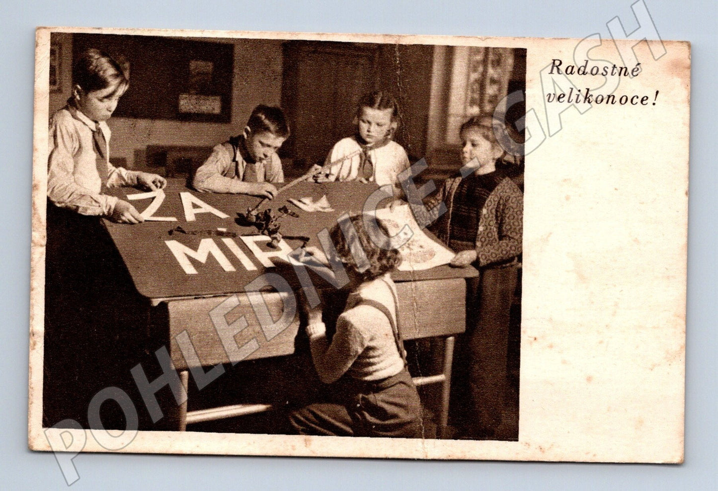 Pohlednice Velikonoce děti nápis Za mír 1949 (M25819)