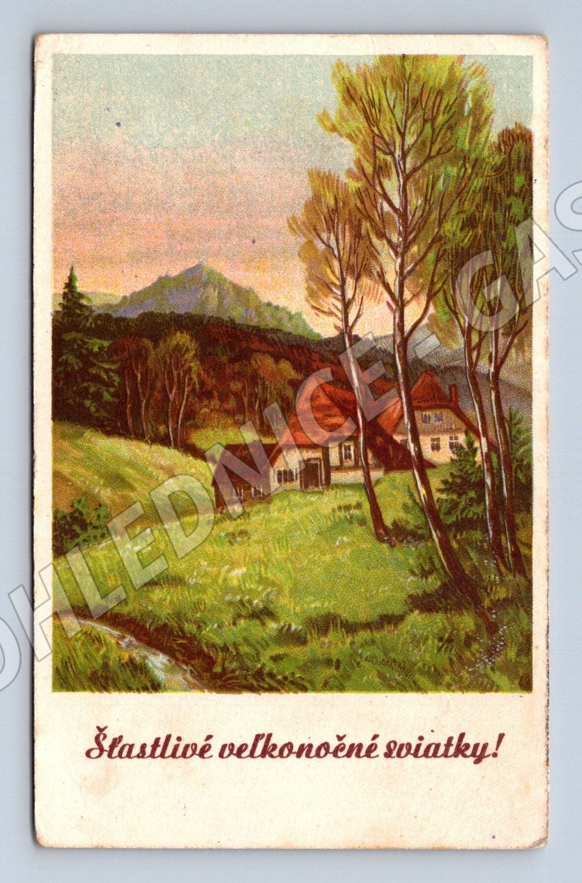 Pohlednice Velikonoce dům v krajině 1949 (M25832)