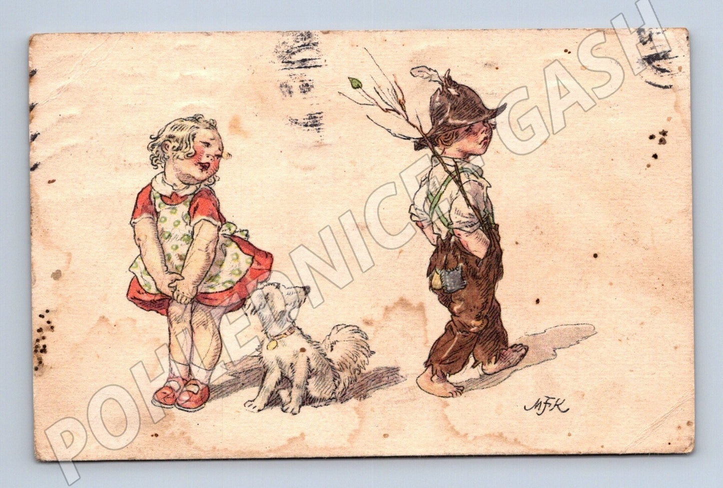 Pohlednice komická ilustrace děti a pes 1919 (M25833)