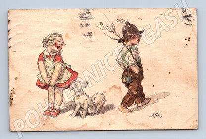 Pohlednice komická ilustrace děti a pes 1919 (M25833)