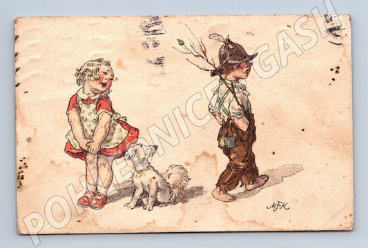 Pohlednice komická ilustrace děti a pes 1919 (M25833)