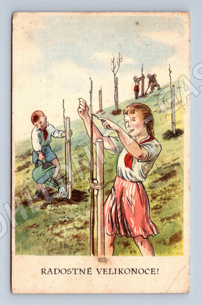 Pohlednice děti sází stromky Velikonoce 1951 (M25835)