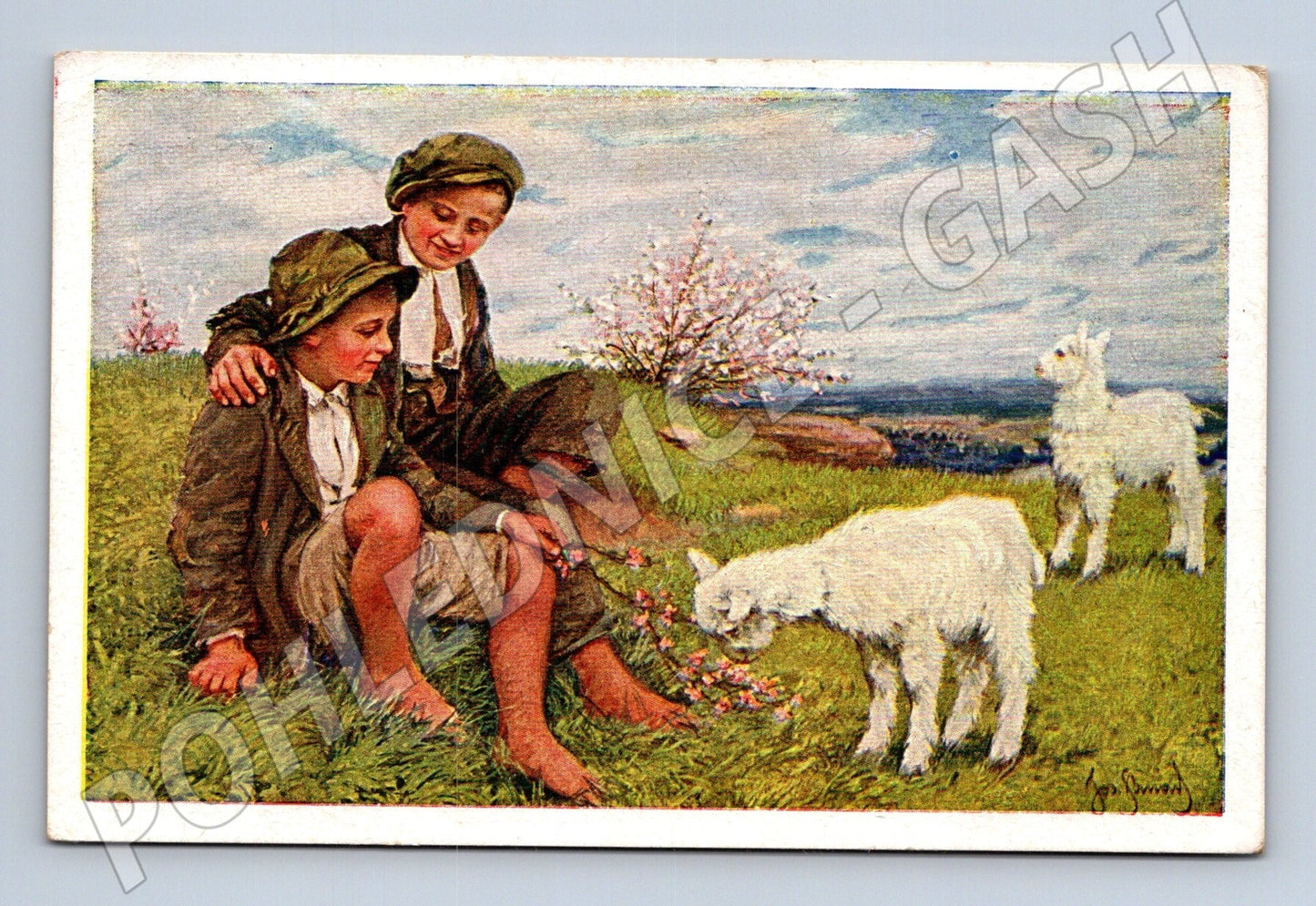 Pohlednice dva chlapci s kůzlaty jaro 1941 (M25840)