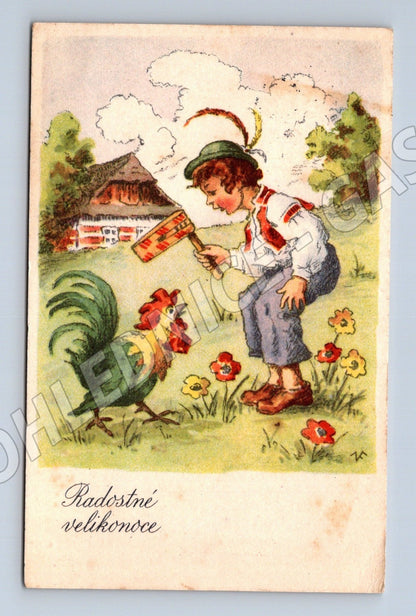 Pohlednice Radostné Velikonoce chlapec a kohout (M25842)
