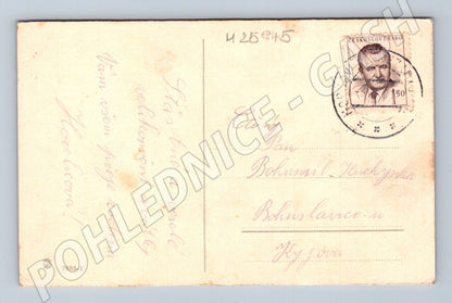 Pohlednice Velikonoce zajíc kočičky 1952 (M25845)