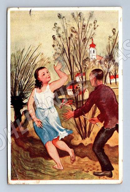 Pohlednice Velikonoce pomlázka chlapec dívka 1927 (M25846)