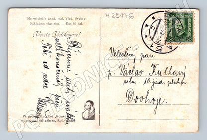 Pohlednice Velikonoce pomlázka chlapec dívka 1927 (M25846)