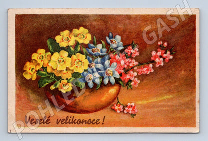 Pohlednice Veselé velikonoce květiny 1950 (M25847)