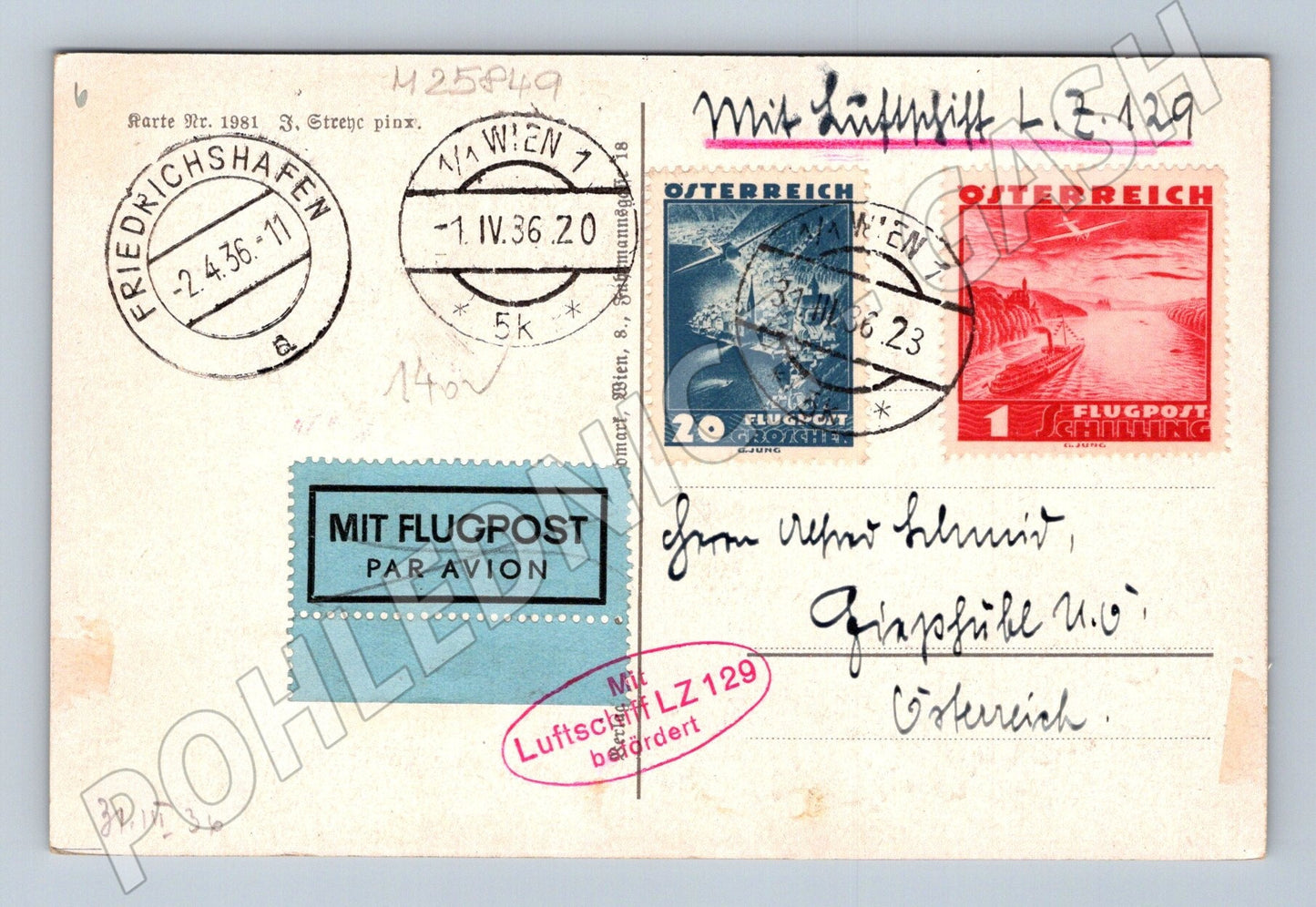 Pohlednice Frohe Ostern! zajíc květiny vzducholoď 1936 (M25849)
