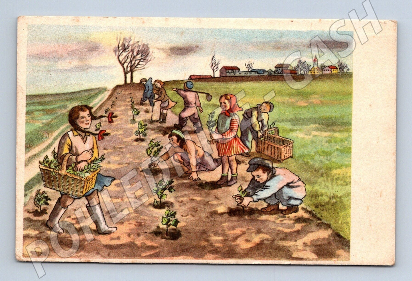 Pohlednice Děti sází stromky Velikonoce 1952 (M25859)