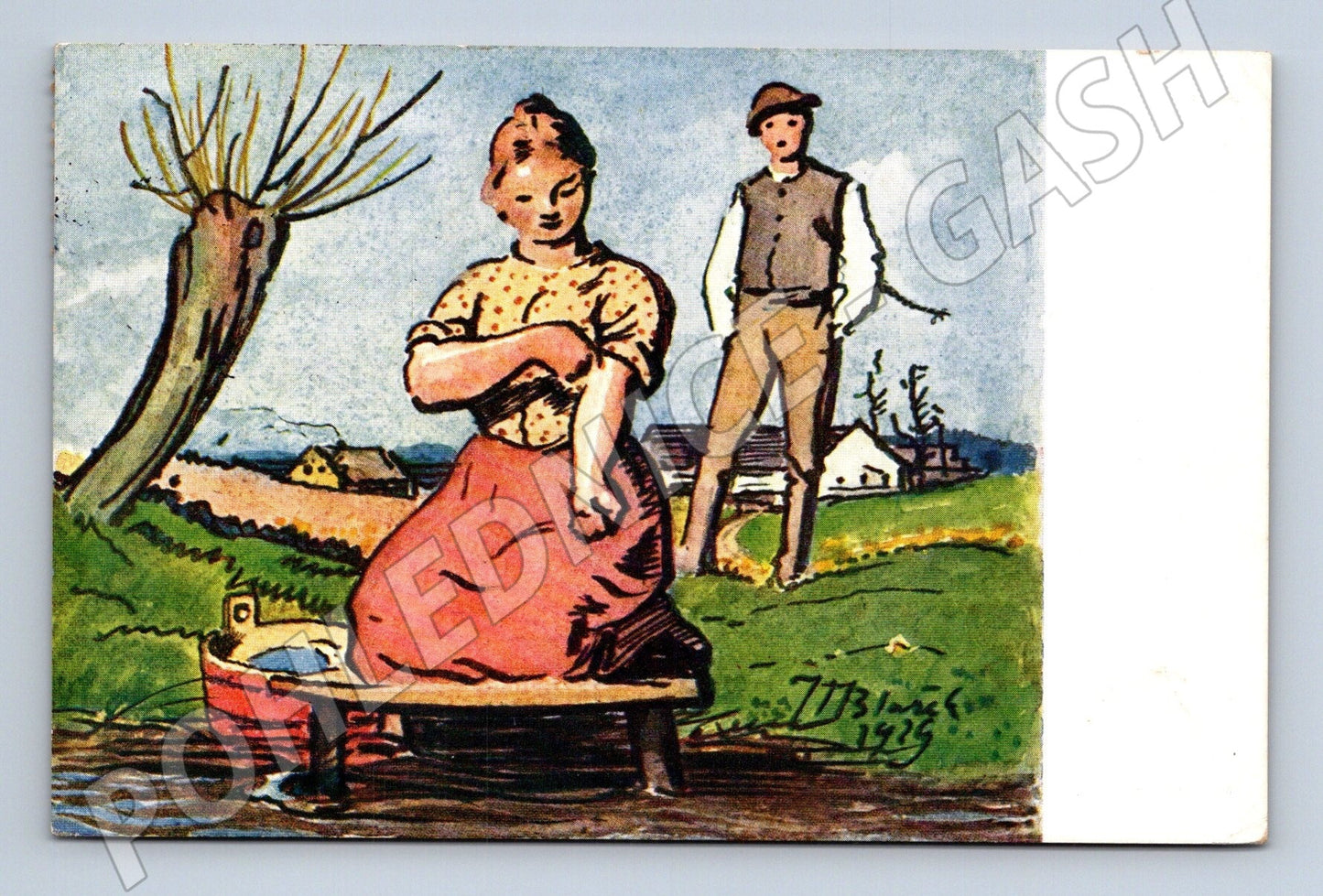 Pohlednice venkovská scéna s postavami Velikonoce 1925 (M25860)