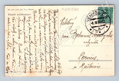 Pohlednice venkovská scéna s postavami Velikonoce 1925 (M25860)